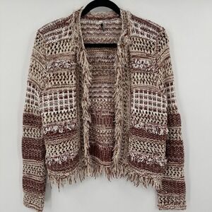 25 South Boho Fringe Open Front Cardigan Sweater Knit Geometric Pattern‎
